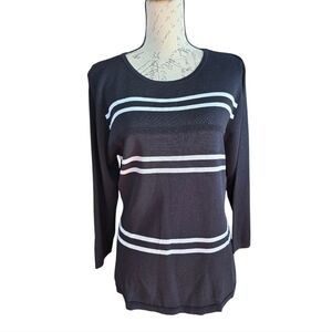 Bill Blass Black White Stripe 3/4 Sleeve Lightweight Sweater Knit Top M
